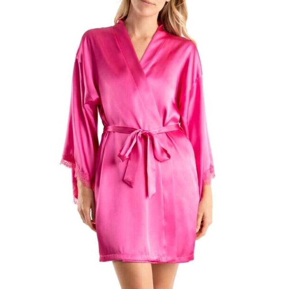 In Bloom by Jonquil LOVE STORY Satin Wrap Robe in Hot Pink size M-L